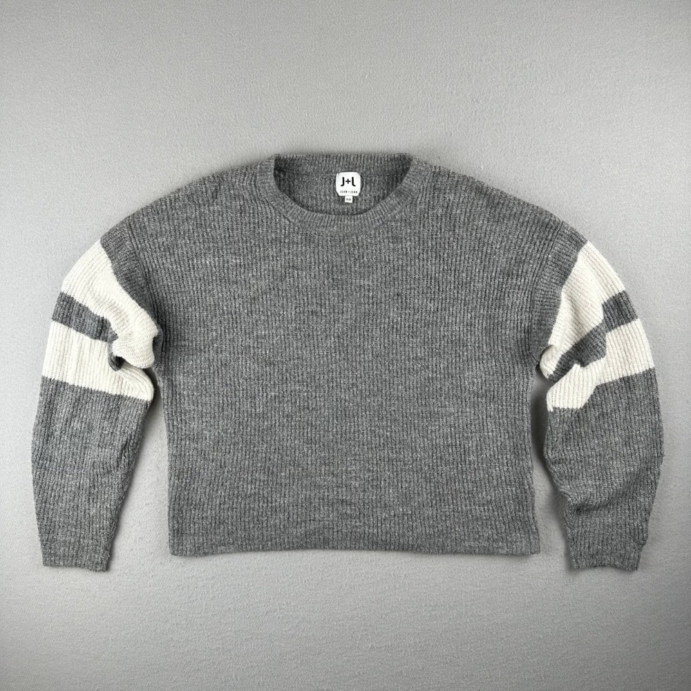 John + Jenn Sweater Womens M Grey White Varsity Stripe Ribbed Knit Crew Neck